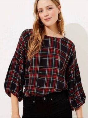 LOFT Tartan Plaid 3/4 Puff Balloon Sleeve Blouse Women’s Size Medium